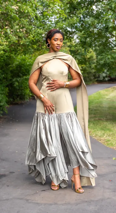 Group fashion shoot in satin gowns in a park, photographed by Imisi Bamiro, Coventry photographer