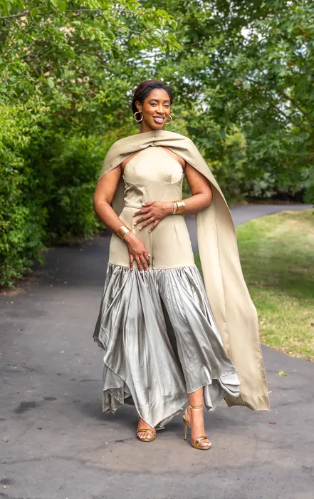 Group fashion shoot in satin gowns in a park, photographed by Imisi Bamiro, Coventry photographer