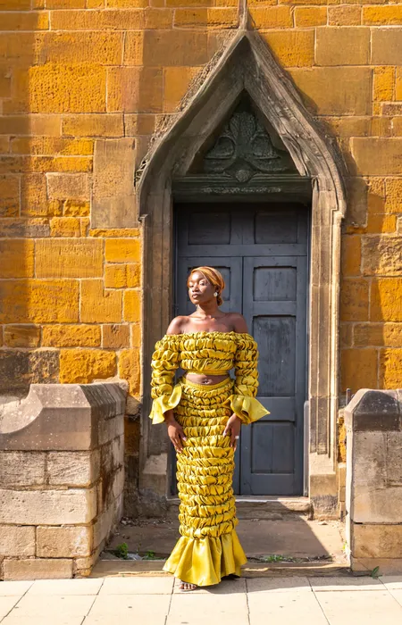 Portrait of a woman in a mustard gown by a church door, photographed by Imisi Bamiro, Coventry photographer
