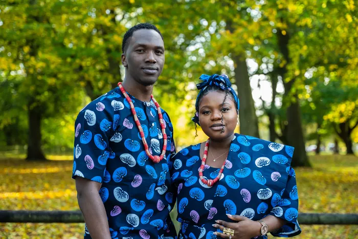 Pre-wedding couple shoot in matching blue Ankara print, photographed by Imisi Bamiro, Coventry photographer