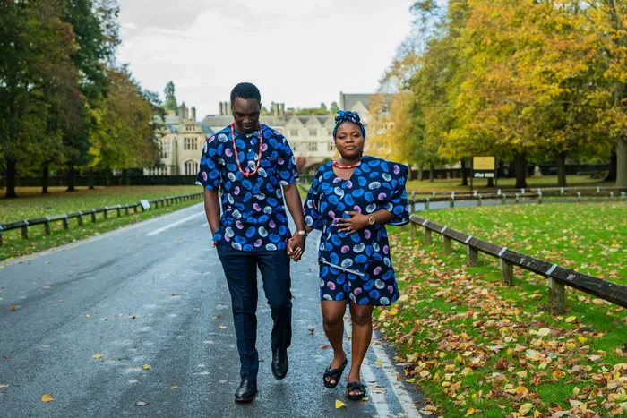 Pre-wedding couple shoot in matching blue Ankara print, photographed by Imisi Bamiro, Coventry photographer