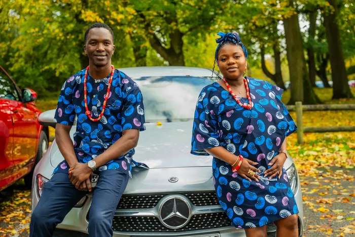 Pre-wedding couple shoot in matching blue Ankara print, photographed by Imisi Bamiro, Coventry photographer