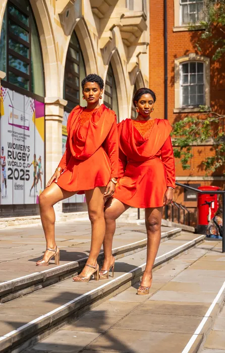 Three women in matching red dresses, fashion editorial, photographed by Imisi Bamiro, Coventry photographer